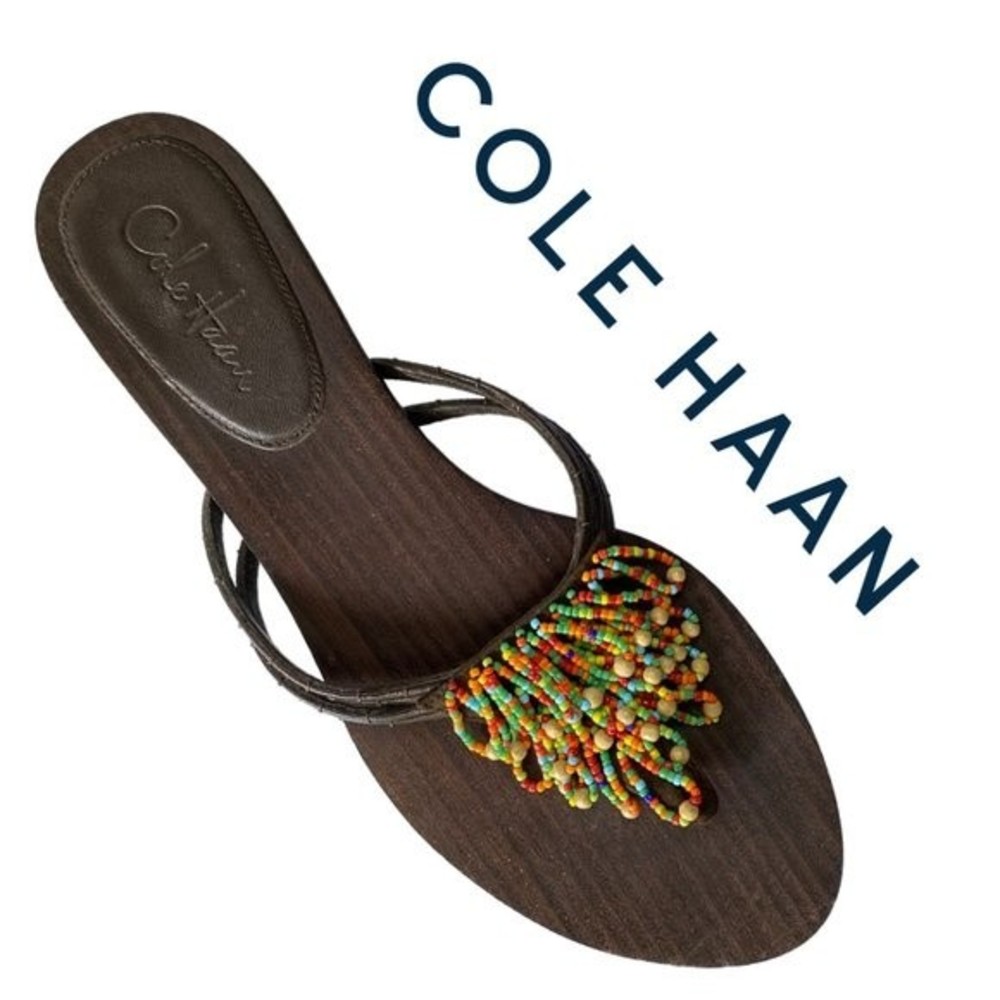 Cole Haan, Beaded Kitten Heel T-Strap Thong Sandal, Brown, Yellow, Orange, Green